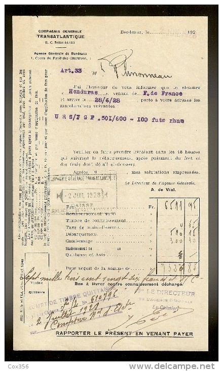 Document De La Cie Gle TRANSATLANTIQUE Steamer : HONDURAS Venant De F.DE.FRANCE Le 02.07.1928 - Transports