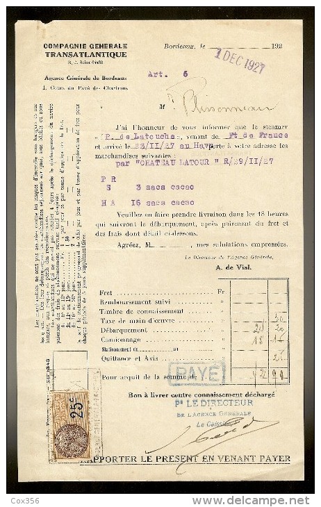 FACTURE De La Cie Gle TRANSATLANTIQUE Steamer :P.DE.LATOUCHE Venant De F.DE.FRANCE Le 01.12.1927 - Transports