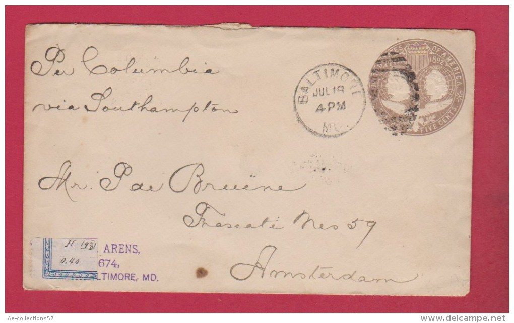 USA  // ENTIER POSTAL   //    DE BALTIMORE  // POUR AMSTERDAM   //  27 JUILLET 1894 - ...-1900