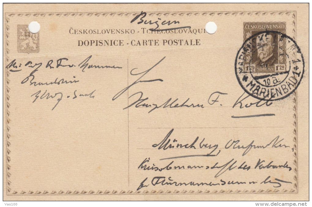THOMAS MASARYK, PC STATIONERY, ENTIER POSTAL, 1938, CZECHOSLOVAKIA - Cartes Postales