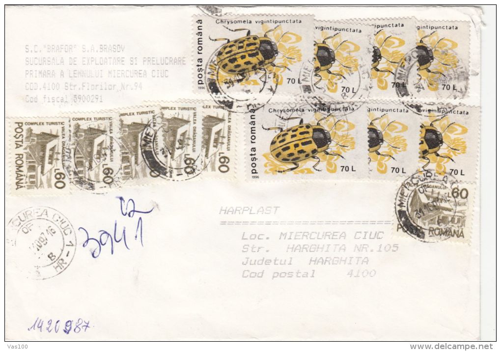 STAMPS ON REGISTERED COVER, NICE FRANKING, BEETLE, CHALET, 1997, ROMANIA - Storia Postale