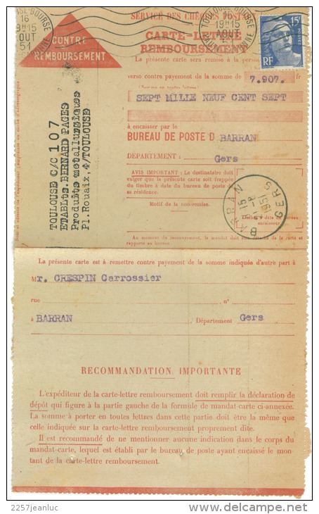 Lot De  6 Cartes Postale De  Remboursement  Bureau De Barran Gers  Timbres Divers 1951 à 1952 - Autres & Non Classés
