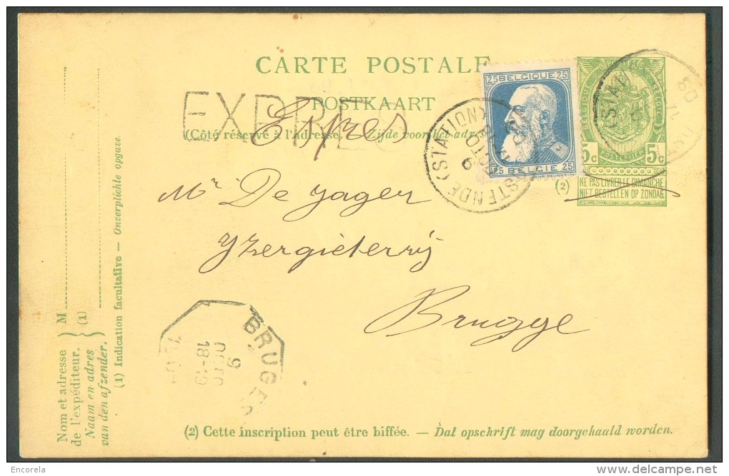 N°76 - 25 Cent. Bleu En Affr. Complémentaire S/E.P. Carte 5 Cent. (EP N°39) Obl. Sc OSTENDE (STATION) EnEXPRES Le 9 Octo - Briefkaarten 1871-1909