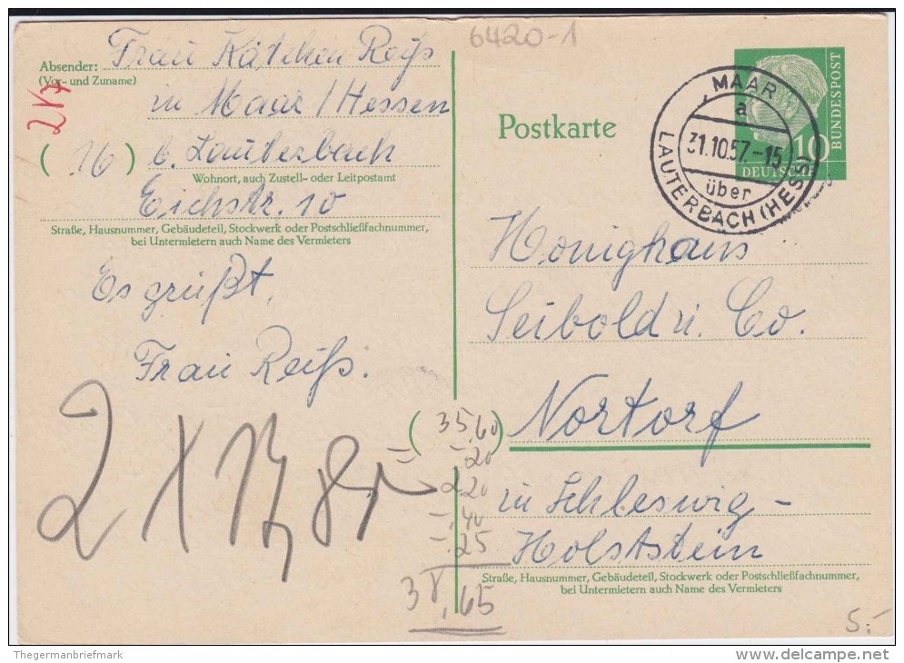 Bund Heuss Gzs P 31 PSt I Stempel Maar ü Lauterbach Hessen 1957 - Cartoline - Usati