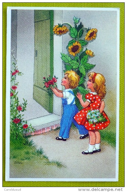 CPA Litho Illustrateur Sim Coloprint Enfant Enfants Bouquet Fleurs Roses Et Tournesol  +- 1950 - Sim