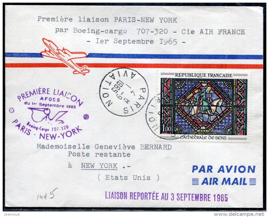 FRANCE - N° 1437 / LETTRE AVION DE PARIS LE 1/9/1965, 1ére LIAISON PAR BOEING CARGO 707-320, PARIS NEW YORK - TB - Premiers Vols