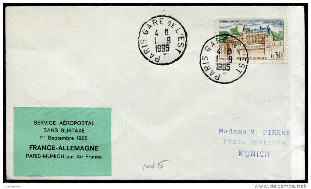 FRANCE - N° 1390 / LETTRE AVION DE PARIS LE 1/9/1965, 1ére LIAISON SANS SURTAXE, PARIS MUNICH - TB - Premiers Vols