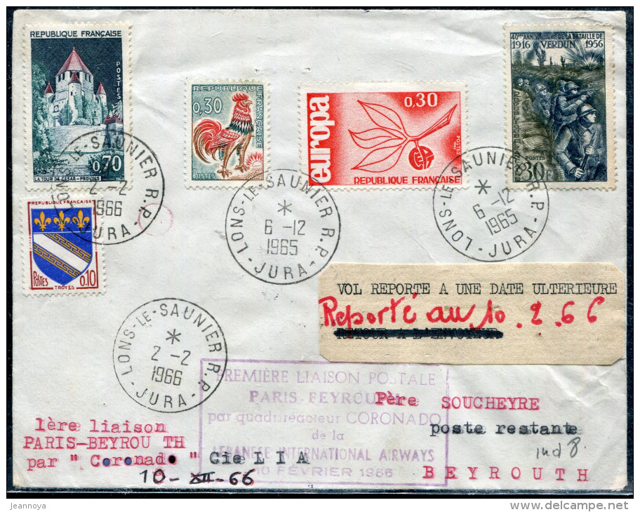 FRANCE - DIVERS / LETTRE AVION DE LONS-LE-SAUNIER LE 6/12/1965, 1ére LIAISON PAR CORONADO, PARIS BEYROUTH - TB - Primeros Vuelos