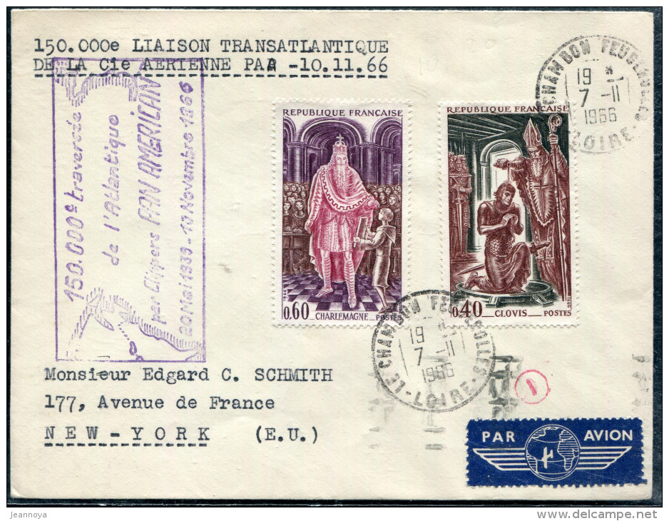 FRANCE - N° 1496 + 1497 / LETTRE AVION DE LA LOIRE LE 7/11/1966, 150000 éme TRAVERSÉE DE L'ATLANTIQUE PAR PAN AM - TB - Premiers Vols