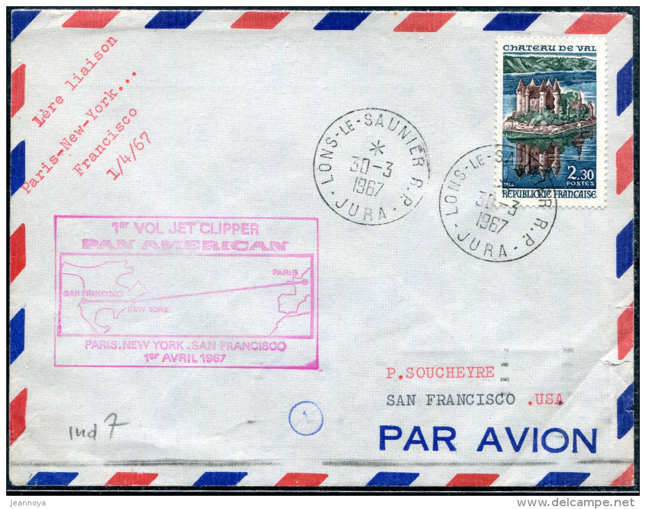 FRANCE - N° 1506 / LETTRE AVION LONS-LE-SAUNIER LE 30/3/1967, 1ér VOL PAN AM PAR JET PARIS NEW YORK SAN FRANCISCO - TB - Primeros Vuelos