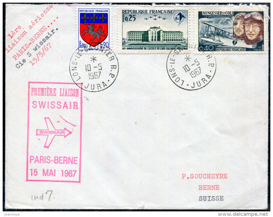 FRANCE - N° 1463 + 1510 + 1523 / LETTRE AVION DE LONS-LE-SAUNIER LE 10/5/1967, 1ére LIAISON SWISSAIR PARIS BERNE - TB - First Flight Covers