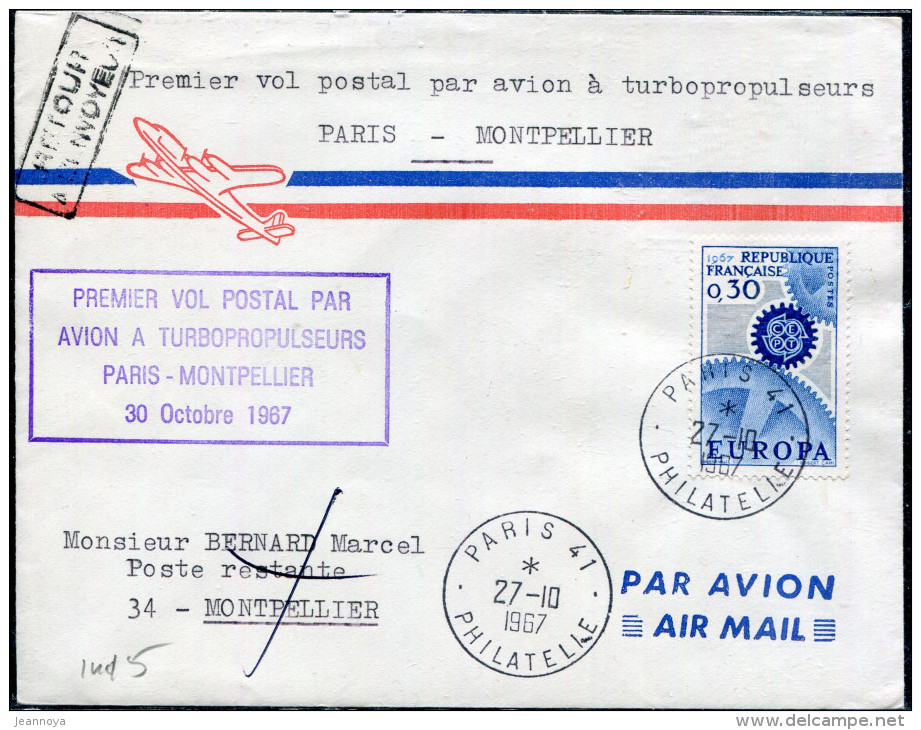 FRANCE - N° 1521 / LETTRE AVION DE PARIS LE 27/10/1967, 1ére VOL PAR TURBOPROPULSEURS PARIS MONTPELLIER - TB - Primeros Vuelos