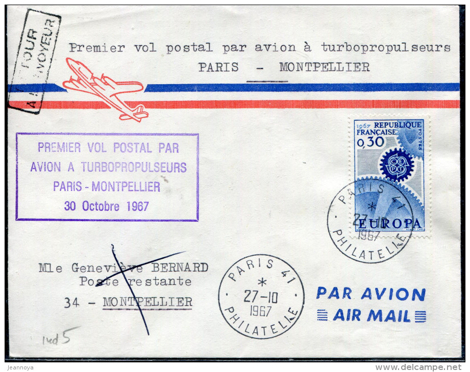 FRANCE - N° 1521 / LETTRE AVION DE PARIS LE 27/10/1967, 1ére VOL PAR TURBOPROPULSEURS PARIS MONTPELLIER - TB - Primeros Vuelos