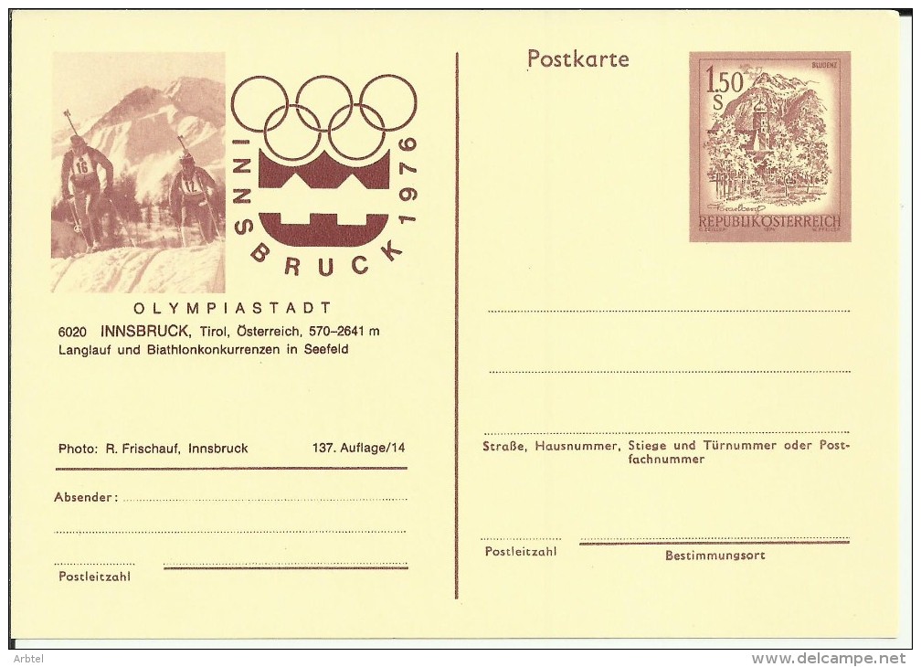 AUSTRIA ENTERO POSTAL JUEGOS OLIMPICOS INVIERNO INNSBRUCK 1976 BIATHLON - Invierno 1976: Innsbruck