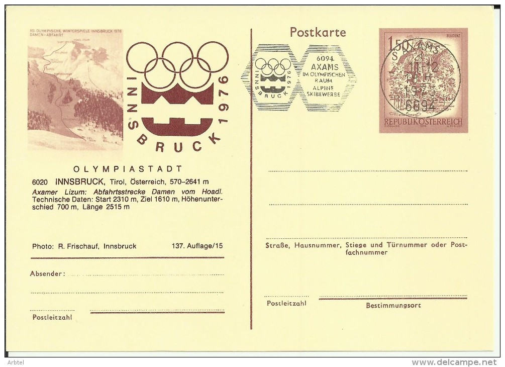 AUSTRIA ENTERO POSTAL JUEGOS OLIMPICOS INVIERNO INNSBRUCK 1976 MAT AXAMS - Invierno 1976: Innsbruck