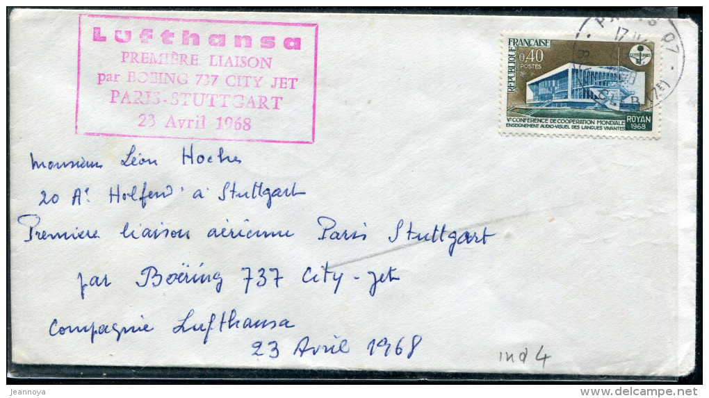 FRANCE - N° 1554 / LETTRE AVION DE PARIS LE 19/4/1968, 1ére VOL LUFTHANSA PAR BOEING 737 PARIS STUTTGART - TB - Primeros Vuelos