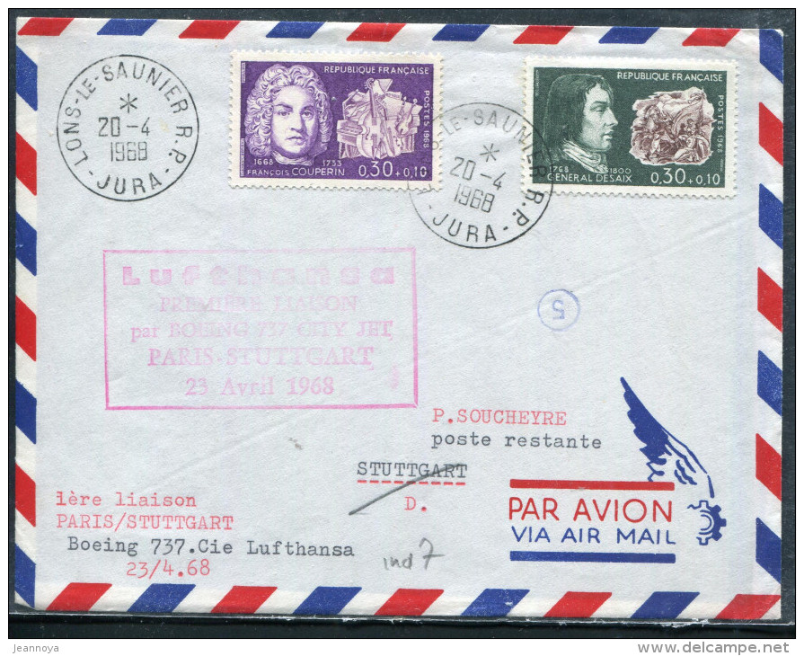 FRANCE - N° 1550 + 1551 / LETTRE AVION DE LONS LE 20/4/1968, 1ére VOL LUFTHANSA PAR BOEING 737 PARIS STUTTGART - TB - Primeros Vuelos