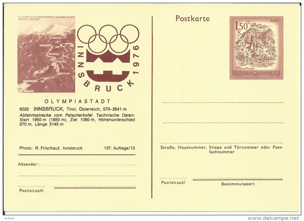 AUSTRIA ENTERO POSTAL JUEGOS OLIMPICOS INVIERNO INNSBRUCK 1976 - Winter 1976: Innsbruck