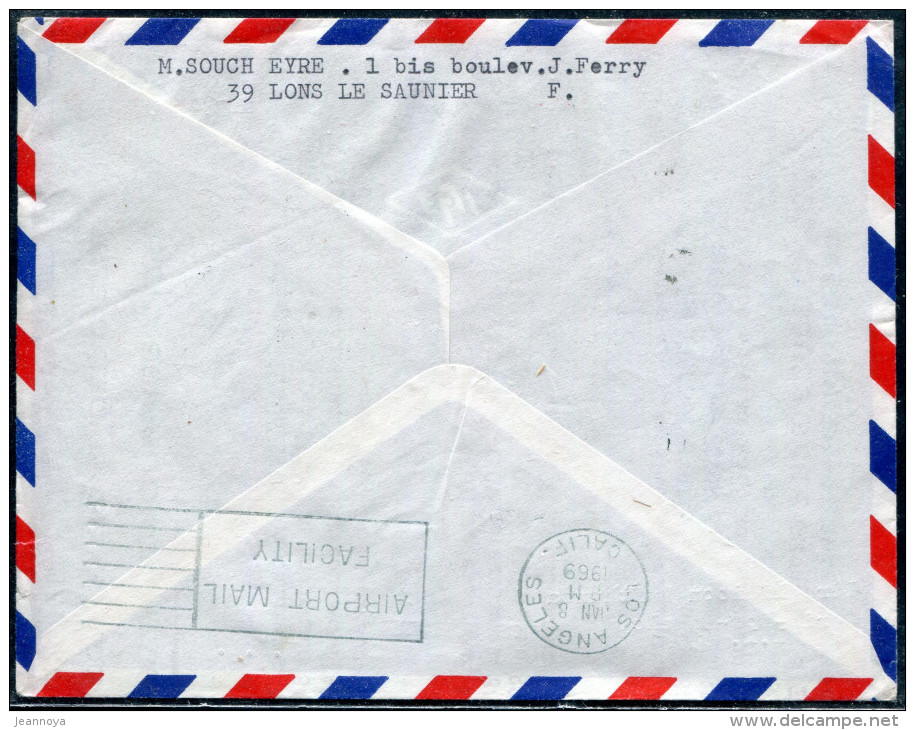 FRANCE - N° 1568 + 1574 / LETTRE AVION DE PARIS LE 1/1/1969, 1ére VOL LUFTHANSA PARIS LOS ANGELES VIA MONTREAL - TB - Primeros Vuelos