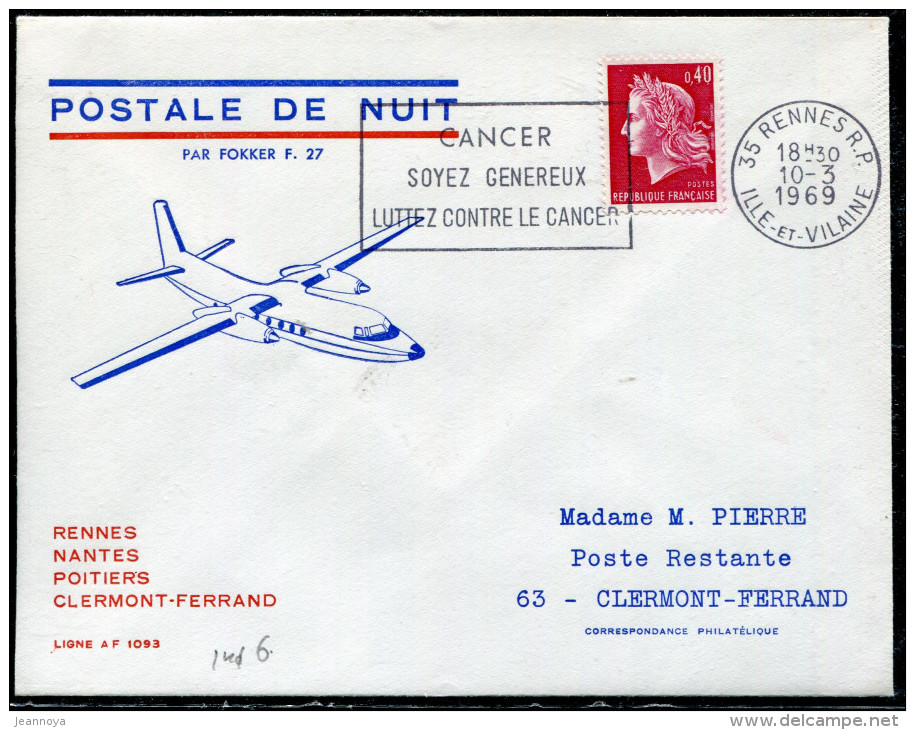 FRANCE - N° 1536B / LETTRE AVION DE RENNES LE 10/3/1969, 1ére VOL DE NUIT RENNES CLERMONT FERRAND - TB - Primeros Vuelos