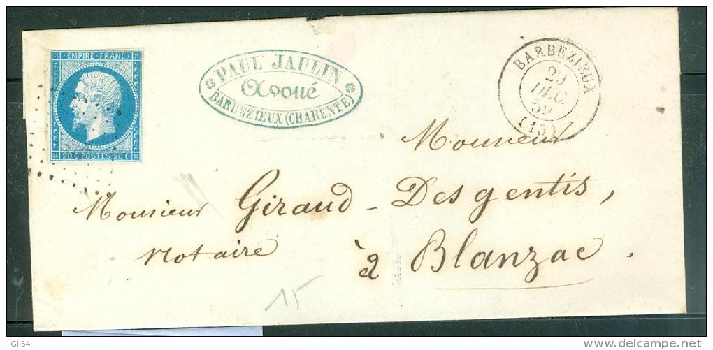 Yvert N°14 Type  1 Sur Lsc  Oblitéré Petits Chiffres  251 ( Barbezieux ) En 1858 - Aw10701 - 1849-1876: Classic Period