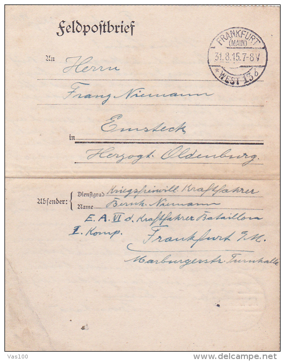 FELDPOFTBRIEF, FRANKFURT, WEST 136, FELDPOSTSTATION, 1915, WW1 - Guerre Mondiale (Première)
