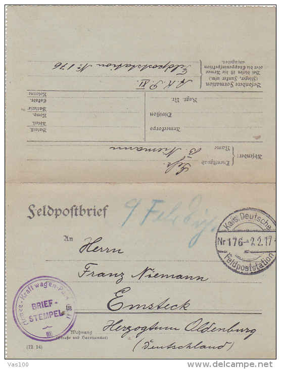 FELDPOFTBRIEF, KAIS DEUTSCHE, FELDPOSTSTATION, 1917, WW1 - WW1