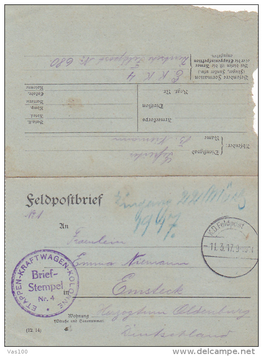 FELDPOFTBRIEF, ETAPPEN- KRAFTWAGEN-KOLONNE, BRIEF -STEMPEL, FELDPOSTSTATION, 1917, WW1 - WW1