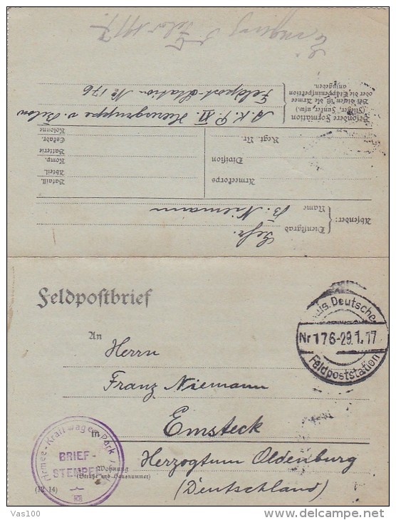 FELDPOFTBRIEF, DEUTSCHE FELDPOSTSTATION, ARMEE KRAFTWAGEN PARK, BRIEF- STEMPEL, 1917, WW1 - Guerre Mondiale (Première)