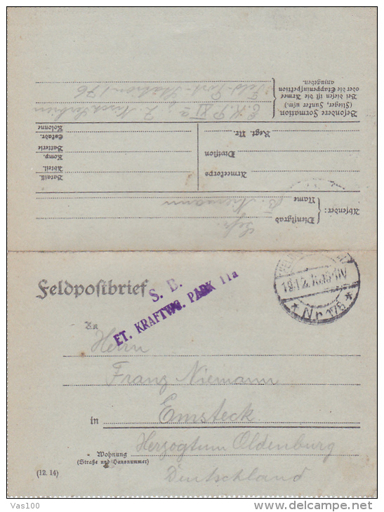 FELDPOFTBRIEF, FELDPOSTSTATION, S.B. ET. KRAFTWG. PARK, 1916, WW1 - Guerre Mondiale (Première)