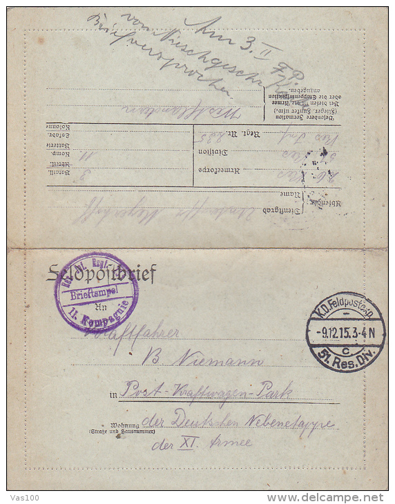 FELDPOFTBRIEF, K.D. FELDPOSTSTATION, BRIEF-STEMPEL, 1915, WW1 - Guerre Mondiale (Première)