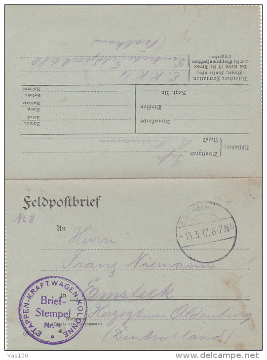 FELDPOFTBRIEF, K.D. FELDPOSTEXPED, ETAPPEN- KRAFTWAGEN- KOLONNE, BRIEF- STEMPEL, 1916, WW1 - WW1 (I Guerra Mundial)