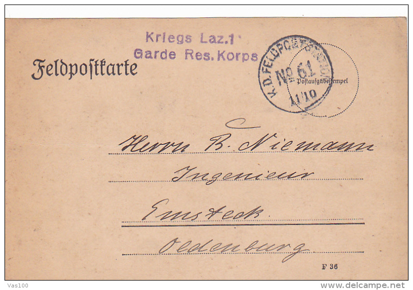 FELDPOFTKARTE, K.D. FELDPOSTSTATION, FELDLAZARETT, BRIEF- STEMPEL, 1910, WW1 - WW1 (I Guerra Mundial)