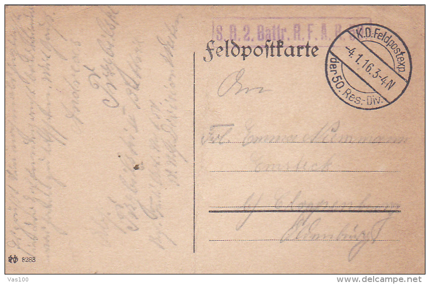FELDPOFTKARTE,  FELDPOSEXP. DER 50 RES. DIV.,S.B. BATTR. R.F. A.R., 1916, WW1 - Guerre Mondiale (Première)
