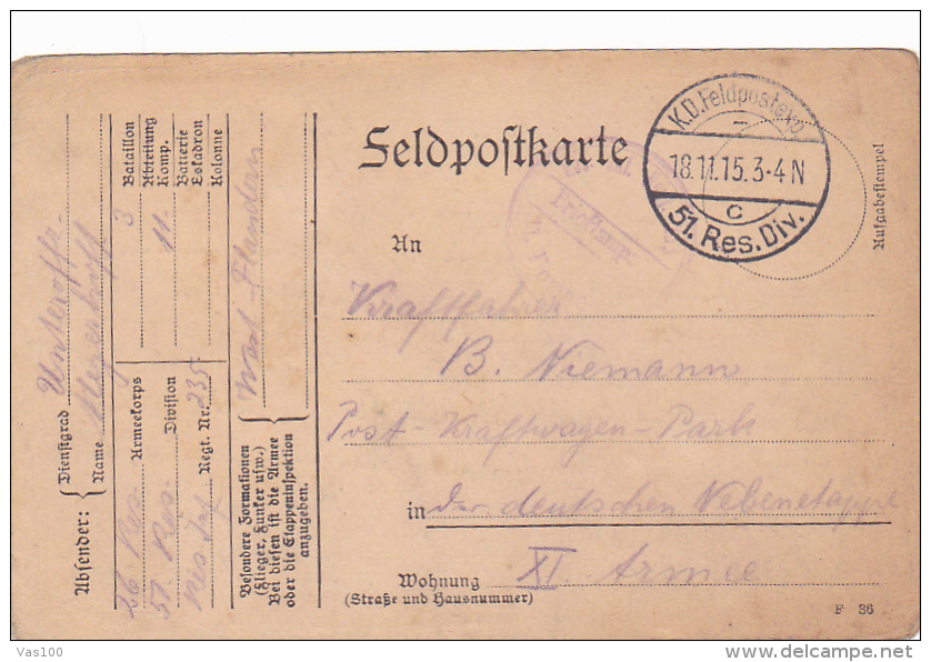 FELDPOFTKARTE, K.D. FELDPOSTEXPEDITION, 51. RES.  DIV., 1915, WW1 - Guerre Mondiale (Première)