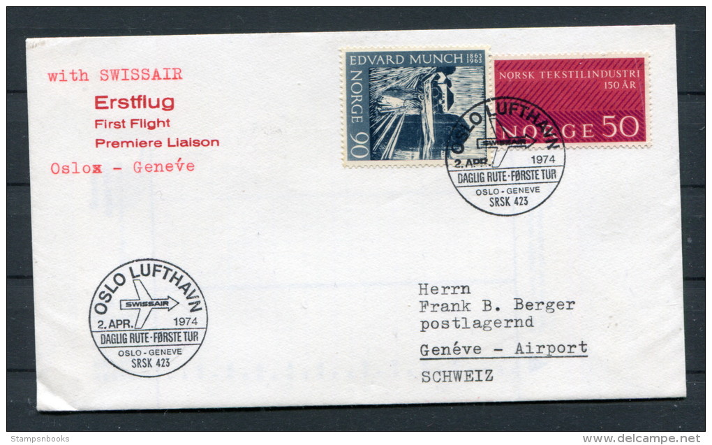 1974 Norway Switzerland Oslo - Geneva Swissair First Flight Cover - Cartas & Documentos