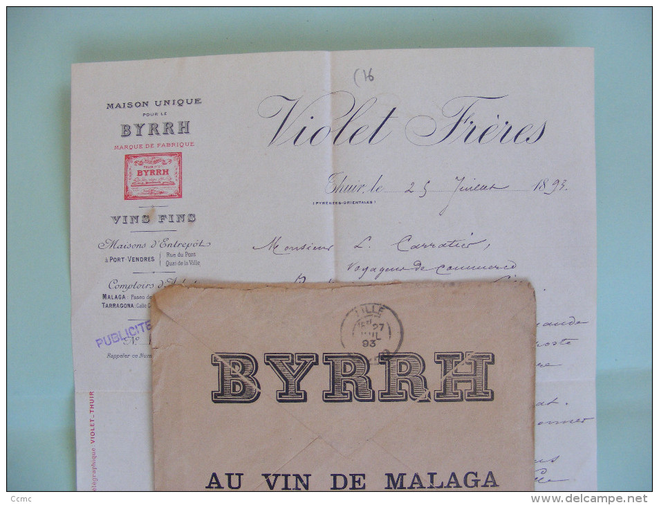 Facture + Lettre à En Tête Illustrée + Enveloppe 1893 - Thuir (66) - Violet Frères : Maison BYRRH , Vin De Malaga - 1800 – 1899