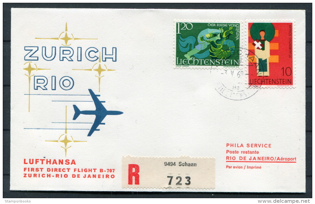 1968 Schaan Registered Lufthansa Zurich - Rio De Janeiro Brazil First Flight Cover - Covers & Documents