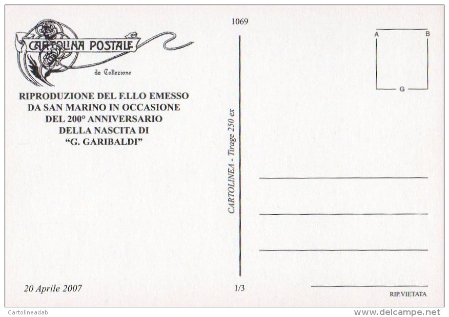 [DC1069] CARTOLINEA - RIPRODUZIONE FRANCOBOLLO SAN MARINO - 200° ANNIVERSARIO NASCITA GIUSEPPE GARIBALDI (1 DI 3) - Storia