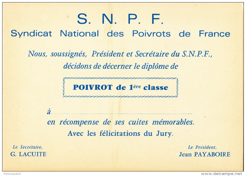 CP S. N. P. F. (Syndicat National Des Poivrots De France) - Humor