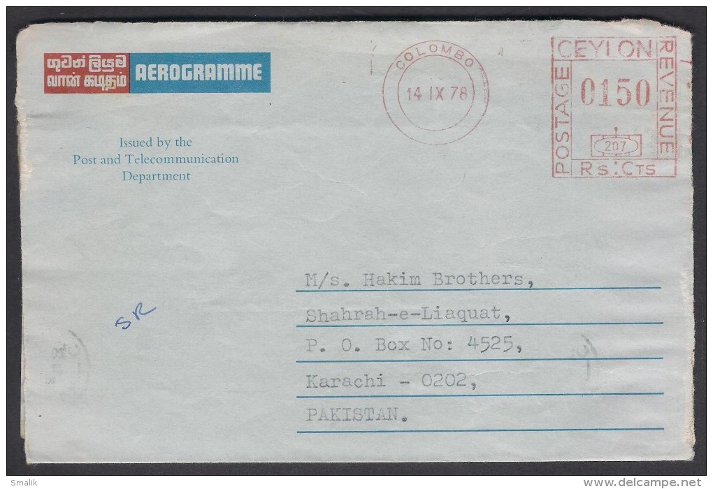 CEYLON Postal History Cover Aerogramme Meter Franking Used From COLOMBO 14.9.1978 - Sri Lanka (Ceylon) (1948-...)