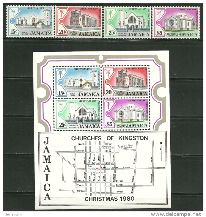 Jamaica     "Christmas 1980-Churches"    Set & Souv. Sheet    SC# 491-94a   MNH** - Jamaica (1962-...)