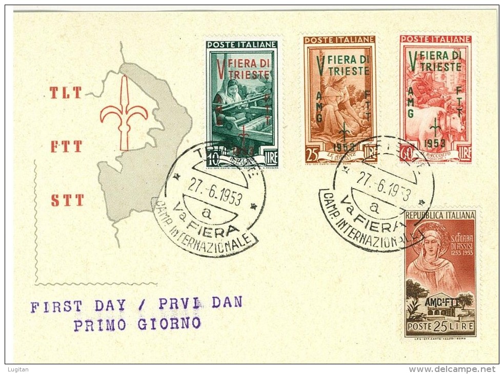 TRIESTE A - CARTOLINA  FDC  - V FIERA TRIESTE  ANNO 1953 - ANNULLO  TRIESTE - Storia Postale