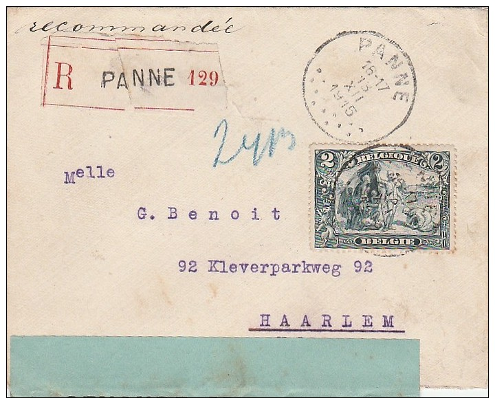 BELGIQUE Lettre Reco PANNE 1915 Censurée > Haarlem - Unbesetzte Zone