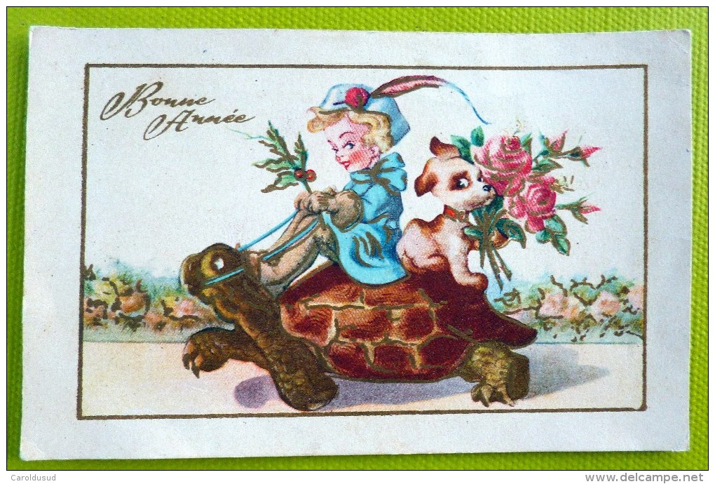 Cp Litho Illustrateur Fantaisie Voeux Nouvel An Enfant Fillette Et Petit Chien Sur Dos Tortue En Laisse - Tartarughe