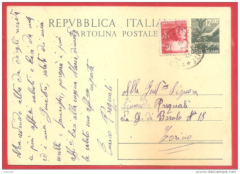 ITALIA REPUBBLICA USATO - 1948 - CARTOLINA POSTALE DEMOCRATICA - ANN. FRANCOFONTE - £ 12 + 3 - U. CP139 - 1946-60: Marcophilia