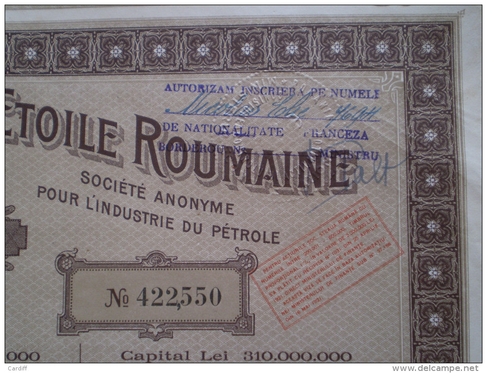 Lot Roumanie : Action Industrie Du Pétrole De 500 Lei : Etoile Roumaine : Bucarest 1921 . Lot De 19  Actions - Oil