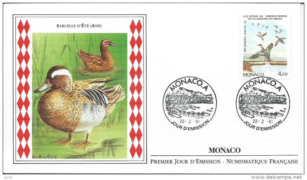 ZMonFDC11 - MONACO 1991 - L' ENVELOPPE  FDC  'PREMIER JOUR' Du 22-2-91 - Timbre N° 1756  - FAUNE : Sarcelle D'été (ASIE) - Storia Postale