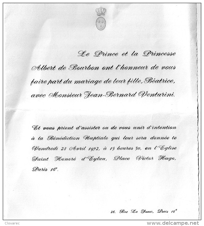 FAIRE PARTS De MARIAGE De La Fille Du Prince Et De La Princesse Albert De BOURBON - Boda