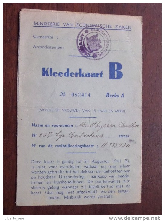 KLEDERKAART B ( Matthijssen Bertha Antwerpen 1923 - N° 083414 Reeks A ) ( Zie Foto´s Voor Details) ! - Documents